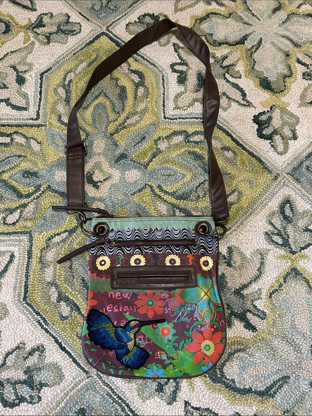Desigual Multicolor Floral & Hummingbird Crossbody Bag with Brown Strap